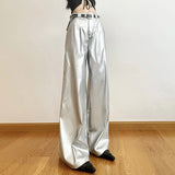 Vevesc Silver Retro Matte Trendy Personalized All-match Casual High Street Cool Confident Casual Women's Autumn Wide Leg Pants