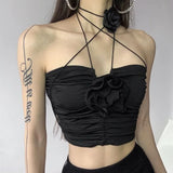 Vevesc Elegant Vintage Sexy Black Rose Halter Camisole Tops All-match Hollow Out Tank Top 2024 Summer New Slim Fit Vest for Women