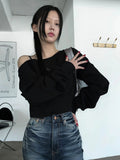 Vevesc  Y2k Aesthetic Bow Diamond Cropped Hoodie Women Streetwear Skew Collar Hooded Tops 2025 Harajuku Sweatshirt Casual Grunge Hoody