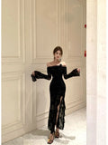 Vevesc  Sexy Slash Neck Long Sleeve Party Dress Women Temperament Waist Slim Split Irregular Evening Long Dresses Elegant Robe