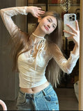 Vevesc Sexy Coquette Lace Patchwork T Shirts Women Korean Fashion Y2k Vintatge V Neck  Bandage Long Sleeve Slim Tees Tops 2024