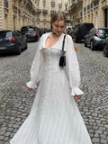 Vevesc  Elegant White U-neck Maxi Dress For Women Fashion Single Breasted Flare Long Sleeve High Waist Robe Summer Lady Chic Streetwear