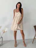 Vevesc Sexy Club Dress Summer Autumn Women Holiday Solid Khaki Spaghetti Flare Linen Mini Dress For Women