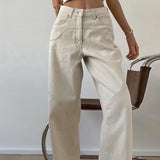 Vevesc Vintage Beige High Waist Straight Jeans Women Summer Bf Loose Casual Denim Trousers Fashion All Match Streetwear Wide Leg Pants