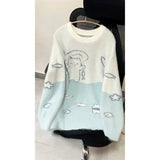 Vevesc Sweet Japan Autumn Winter O Neck Long Sleeve Clothing Harajuku Kawaii Cute Print Constrast Color Pullovers Casual Lazy Sweaters