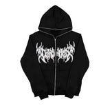 Vevesc Grunge Zip Up Hoodie Black Letter Printed Gothic Long Sleeve Sweatshirts Punk Y2k Autumn Winter Streetwear Hoodie Tops