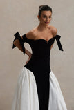 Vevesc New Couture Black&White Velvet Long Evening Dresses Sweetheart Bow Straps Modest Formal Party Dress Evening Gowns