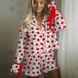 Vevesc Cutest Bow Graphic Print Bandage Long Sleeve Button Up Blouse Tops + Ruffles Shorts Vintage 2 Piece Pajamas Lounge Sleepwear