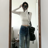 Vevesc White Half High Collar Tshirts Long Sleeve Bottoming Solid Women Tees Y2k Camisetas Slim Fit Crop Tops Folds Elegant Korean