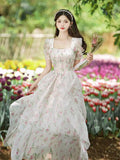 Vevesc Summer Chiffon Floral Vintage Dress Women Casual Print Party Midi Dress Female Casual Korean Fashion Sweet Elegant Dress
