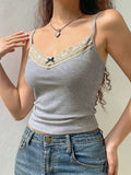 Vevesc Sexy Lace Trim Cami Crop Top Women Spaghetti Strap V Neck Slim Vest Tank Tops Aesthetic Fairy Sleeveless Shirts(B-lace Apricot