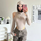 Vevesc khaki High Elastic Tight Sexy Hot Mature Beautiful Confident Youth Girl All-match Women's Autumn Hooded Jumpsuit