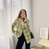 Vevesc Women Vintage Plaid Blazer Coats Fashion Loose Streetwear Double Breasted Lapel Outerwear Korean Long Sleeve Casual Jacket