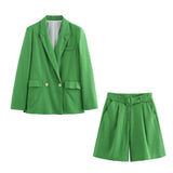 Vevesc  In the autumn of 2025, the new women's fashion is slim and slim, and the linen-like simple suit & linen-like shorts with belts.