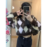 Vevesc V-Neck Slim Fit Sweater Mujer Y2K Korean Preppy Style High Waist Crop Tops Knitted Women Contrast Color Short Hotsweet Pullovers