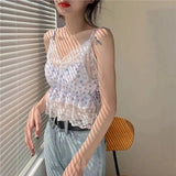 Vevesc Women V-neck Lace Purple Floral Crop Korean Sweet Style Retro Cute Female Tops All-match Students Leisure Loose Slim Chic