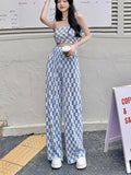 Vevesc New Summer Fashion Casual Plaid 2 Piece Set Women Strapless Crop Top + Wide Leg Pants Suits Female Sexy Outfits For Woman