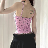 Vevesc Sweet Patchwork Mesh Camis Top See Through Sexy Slim V-Neck Sleevelkess Tank Tops Women 2024 Summer Fashion Streetwear