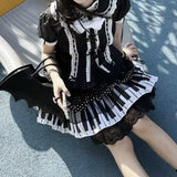 Vevesc Harajuku Punk Black White Piano Keys Skirts Sweet Lace Ruched Cake Skirt for Women Y2k High Waist All-match Faldas Mujer