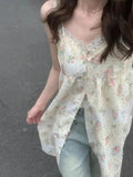 Vevesc Sweet Vacation Style Floral Camisole Dresses 2024 Summer New Dress For Women Y2k E-Girl Mid-length Split Vestidos Mujer