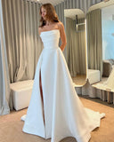 Vevesc Elegant Strapless Satin Wedding Dresses Sexy High Side Slit Backless Bridal Gowns Floor Bride Dress Customg Party Gowns