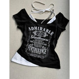 Vevesc Harajuku Women Vintage Letter Printing T-shirt Streetwear Bottoming Crop Tees Y2k Aesthetic Fake Two Pieces Halter Patchwork Top