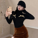 Vevesc New Fashion Early Autumn Half Collar Long Sleeve T Shirts Sweet American Bow Appliques Slim Fit Clothing Y2k Streetwear Sexy Tee