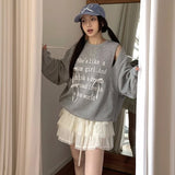 Vevesc Korean Asymmetical Y2k Hole All Match Sweatshirts High Street American Letter Print Bow Lace Appliques Pullovers Lazy Clothes