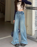 Vevesc Gothic High Waist Denim Pants Women Chic Ruffles Ruffle Hem Jeans Wide Leg   Female  Kawaii Y2K Straight Trousers