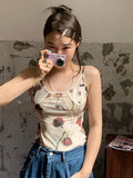 Vevesc Flower Painting Mesh Tank Top Cropped Vest Y2k Fashion Female Streetwear Tanks Cute Tops Women Vintage Sexy Tees Outfit