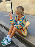 Vevesc Colorful Striped Women Knitted Cardigan Fashion Rainbow Color Long Sleeve Sweater Coats Autumn Female Streetwear Sweaters