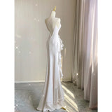 Vevesc Elegant White Round Neck Slim Fit Sleeveless Women Wedding Dress Evening Party Gown with Ruffles Vestidos De Novia