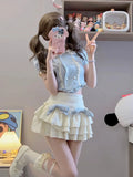 Vevesc Sexy Sweet Cool Moda Fashion Popular Two Piece Sets High Waist Spliced Lace Constrast Color Tops Y2k Bow Design Tiered Skirts