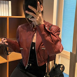 Vevesc New Autumn Winter Vintage Japan Biker Jackets Y2k Aesthetic Zip Up Slim High Waist American Punk Coats Streetwear Clothes