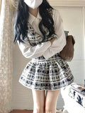 Vevesc Plaid Pleated Skirt Suit shirt Vintage Woman Autumn Short Suit Korean Academy Chic Simple Mini A Line Skirt 3 Piece Set