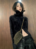 Vevesc Streetwear Vintage Solid Fur Cardigan Women Knitted Double Zippers Casual Sweater Coat Y2k Aesthetic Turtleneck Grunge Tops