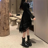 Vevesc Gothic Black Stitching Dress Y2K Summer Ruffles Irregular Dress Lace Chic A Line Dress Korean Puff Sleeves Sexy Slim Dress