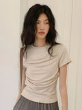 Vevesc Fairy Grunge Pleated Solid Vintage T-shirt Summer Y2k Aesthetic Short Sleeve Crop Tops Harajuku Slim Tshirt New Streetwear