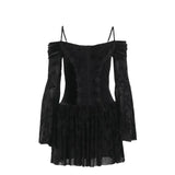 Vevesc Goth Black Lace Flocking Off-Shoulder Flared Sleeve Party Dresses Y2K Vintage Velvet Patchwork A-Line Mini Dress Women