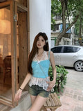 Vevesc Sweet Bow Blue Lace Vest For Women 2024 Summer New Sleeveless Tank Top Y2k Grunge Slim Fit All-match Tops Mujer