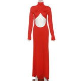 Vevesc Sexy Cut Out Backless Red Party Dress Women Elegant Luxury Turtleneck Long Sleeve Maxi Dresses Evening Gown