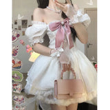 Vevesc Ruffle Soft Girl White Lolita DressChiffon Fairy Dress Kawaii Woman Square Neck Retro Bow Puff Sleeve Mini Dress Lace Patchwork