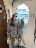 Vevesc Vintage Slouchy Grey Fried Dough Twists Sweater Women's Autumn/Winter 2024 New Loose Off Shoulder Broken Medium Long Knitwear