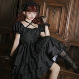 Vevesc Thorn Rose Dark Gothic Lolita Dress Original Short Sleeves OP Three Section Solid Color Lo Princess Dress in Stock