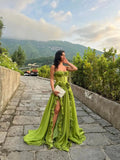 Vevesc Light Green Split Long Evening Dresses With Ruched Ruffles Trimmed Details Sweetheart Buttons Front Formal Dress