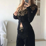 Vevesc Japanese Leopard Knitted Cardigan Sexy Vintage Y2k V-neck Sweaters Long Sleeve Autumn Winter Streetwear Slim Cardigan