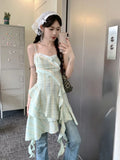 Vevesc  Design Fashion Tank Dresses Irregular Tassel Ruffles Patchwork Sleeveless Plaid Dress French Sweet Aesthetics Women's Clothing