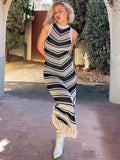 Vevesc Sexy Tight Striped Tassel Knitted Dress For Women Sleeveless 2024 Summer Fashion Beach Party Evening Long Knitwear Dress