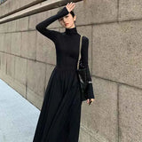 Vevesc Autumn Hepburn Style Women Dress High Waist Elegant Black Midi Dress Fashion Korean Half High Collar Long Sleeve A Line Dress