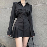 Vevesc Early Autumn New Lapel Neck Black Blouses Sexy Slim Waist Ruched Shirts Women Y2k Grunge Long Sleeve Blusas Mujer Dress